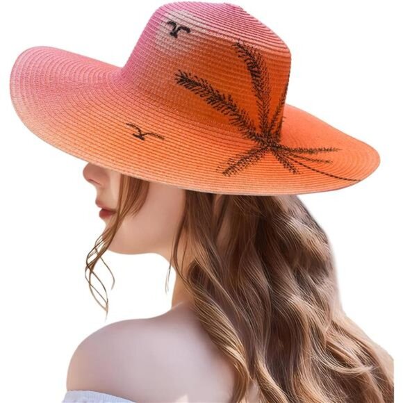 Women's Beach Floppy Sun Hat Foldable Summer Straw Hat Wide Brim Printed
